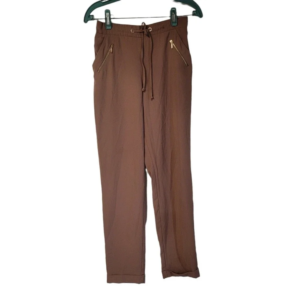 Atmosphere‎ Pants Brown Gold Zip Accents Tie Front Size 8 Paper Bag